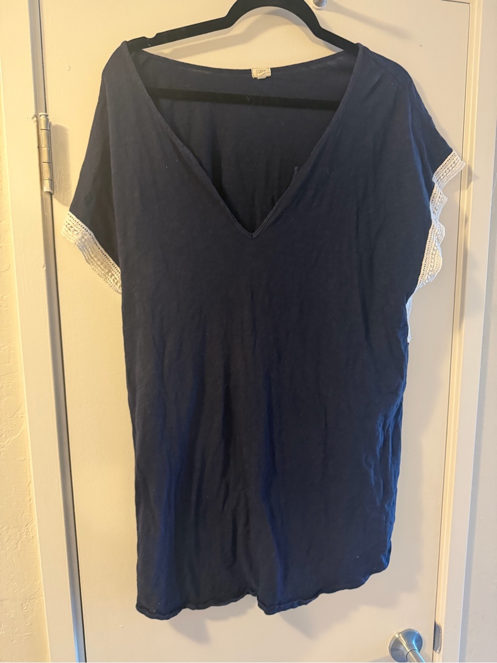 J. Crew Navy V-Neck Tunic with White Lace Sleeve Trim